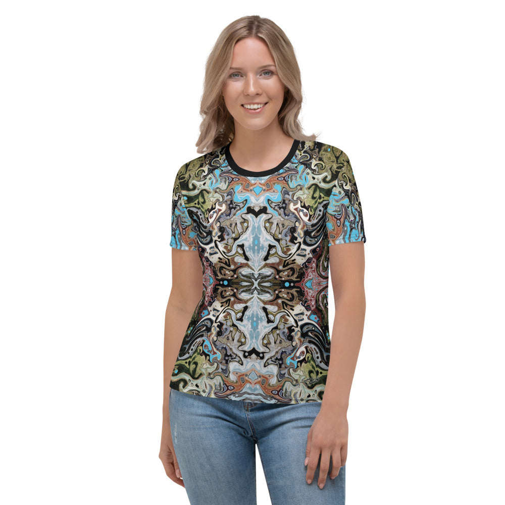 Women's cool yoga tee with a Celtic or Eastern flair. Designed by Sushila Oliphant, Apparel for the Spirit.