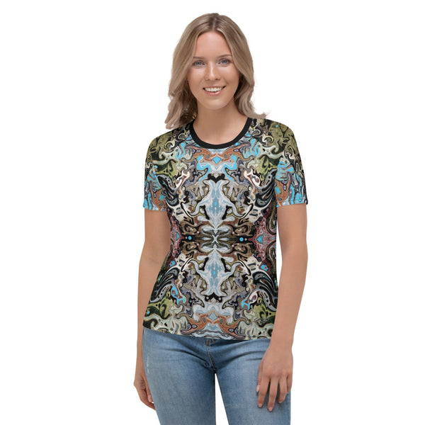 Women's cool yoga tee with a Celtic or Eastern flair. Designed by Sushila Oliphant, Apparel for the Spirit.