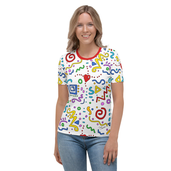 Cool graphics t-shirt for women. Heart centered, joyous and happy artwork by Sushila Oliphant at Apparel for the Spirit.