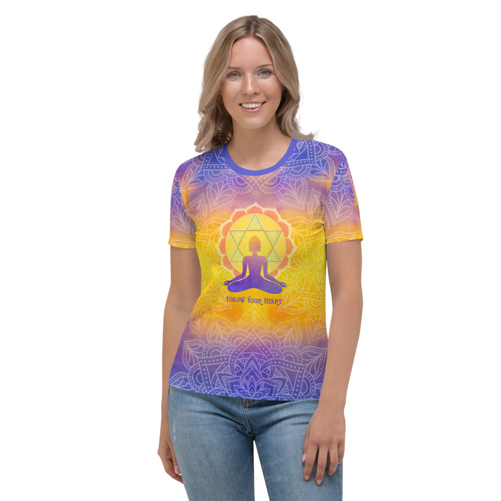 Follow Your Heart women's t-shirt. Heart chakra and yogi meditating, om sign, and lotus. Very spiritual vibe. Artist, Sushila Oliphant and Apparel for the Spirit.