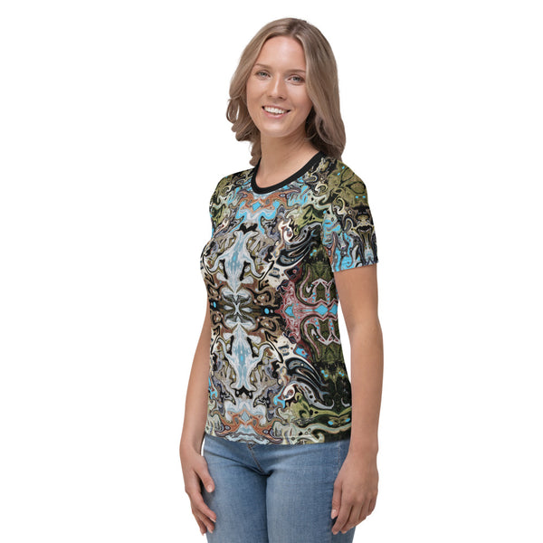 Women's cool yoga tee with a Celtic or Eastern flair. Designed by Sushila Oliphant, Apparel for the Spirit.