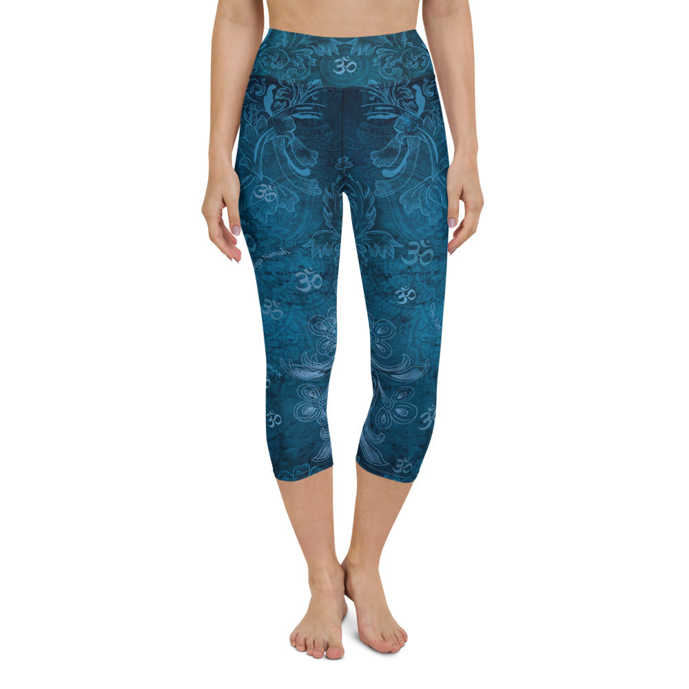 Saraswati yoga capri leggings with om signs and mantras by Sushila Oliphant, Apparel for the Spirit.