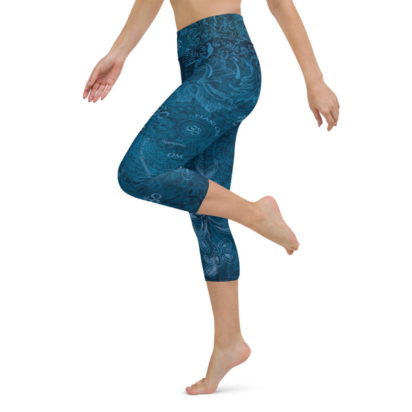 Saraswati yoga capri leggings with om signs and mantras by Sushila Oliphant, Apparel for the Spirit.