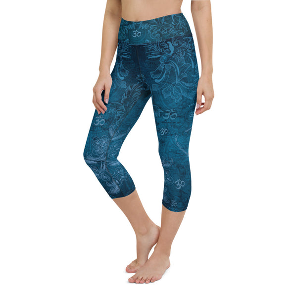 Saraswati yoga capri leggings with om signs and mantras by Sushila Oliphant, Apparel for the Spirit.