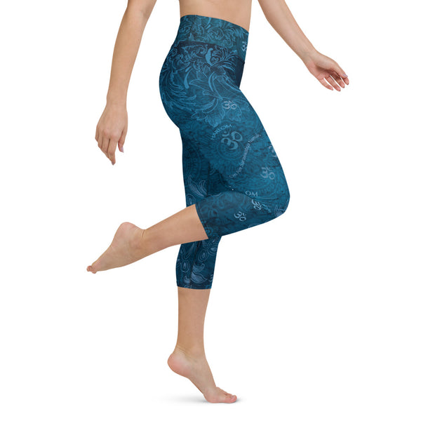 Saraswati yoga capri leggings with om signs and mantras by Sushila Oliphant, Apparel for the Spirit.
