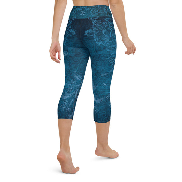 Saraswati yoga capri leggings with om signs and mantras by Sushila Oliphant, Apparel for the Spirit.