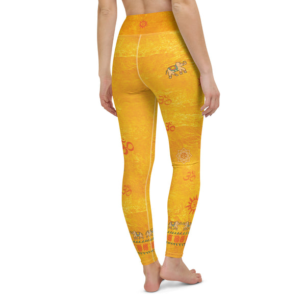 yoga pants with lotus, om sign, peace sign by Sushila Oliphant for Apparel for the Spirit