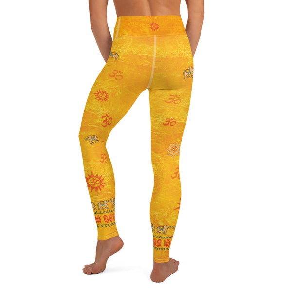 yoga pants with lotus, om sign, peace sign by Sushila Oliphant for Apparel for the Spirit