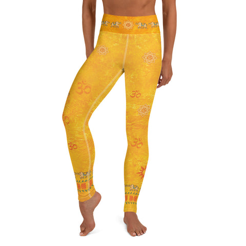 yoga pants with lotus, om sign, peace sign by Sushila Oliphant for Apparel for the Spirit