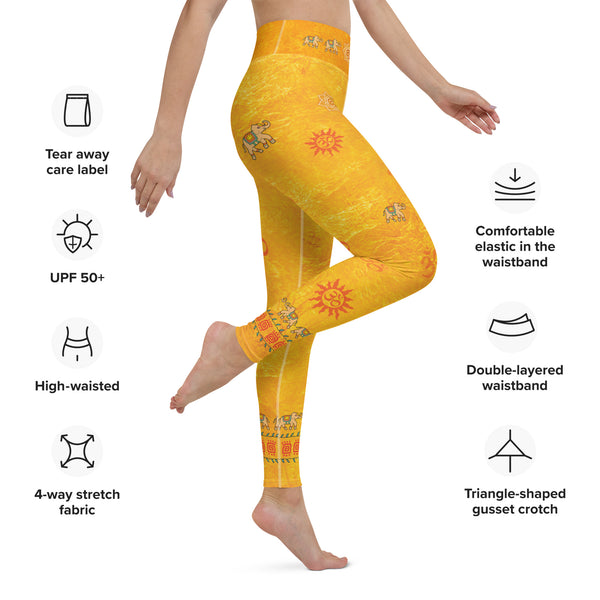 yoga pants with lotus, om sign, peace sign by Sushila Oliphant for Apparel for the Spirit