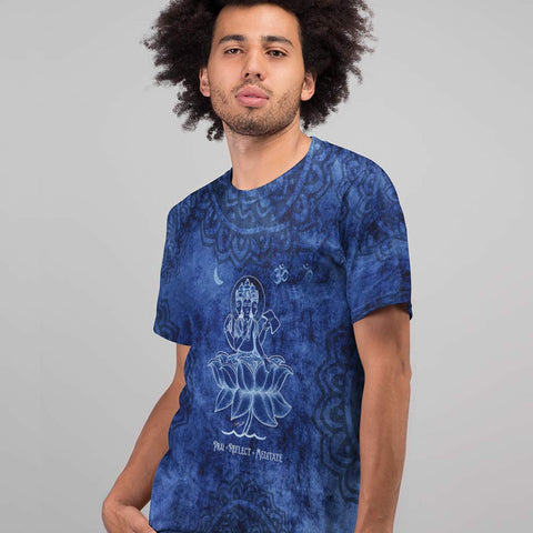 Brahman, a Hindu Diety, seated in a lotus, abstract indigo tribal background. Men's yoga t-shirt by artist Sushila Oliphant, Apparel for the Spirit.