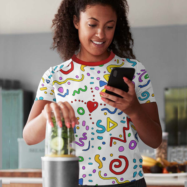 Cool graphics t-shirt for women. Heart centered, joyous and happy artwork by Sushila Oliphant at Apparel for the Spirit.