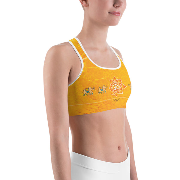 Yoga sports bra with oms and elephants for workouts by Sushila Oliphant for Apparel for the Spirit.