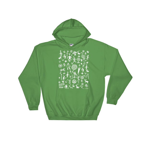 Native American Indian rock art on hoodie by Sushila Oliphant.