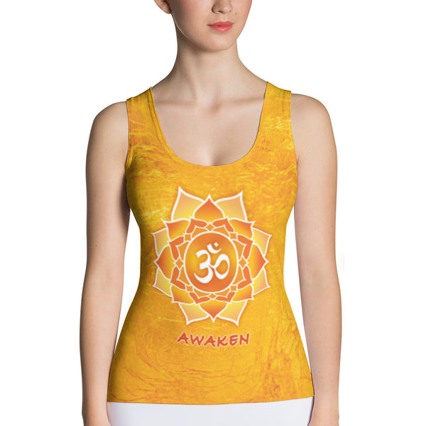 yoga tank top with lotus, om sign, peace by Sushila Oliphant