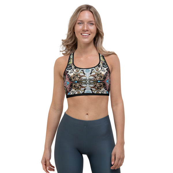 A cool yoga sports bra with a Celtic vibe designer Sushila Oliphant.