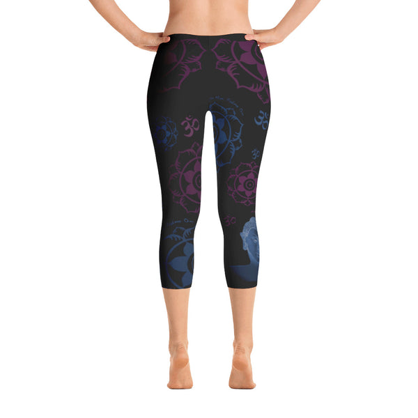 Buddha Om capris leggings for yoga. Designed by Sushila Oliphant, Apparel for the Spirit.