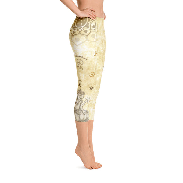 Brahman inspired capri leggings, adorned with lotuses, om signs with Brahman seated in a lotus. Great for yoga and gym workouts! Designed by Sushila Oliphant, Apparel for the Spirit.