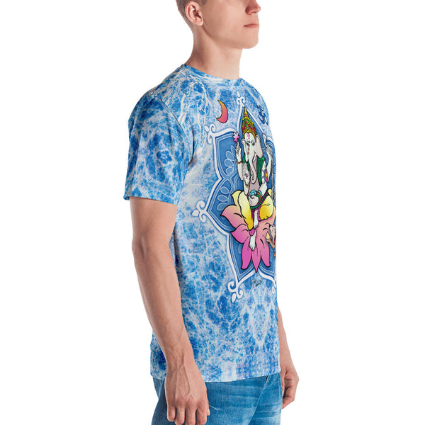 Ganesha seated in a lotus men's t-shirt. Half moon, om sign for higher consciousness. Designed by Sushila Oliphant, Apparel for the Spirit.