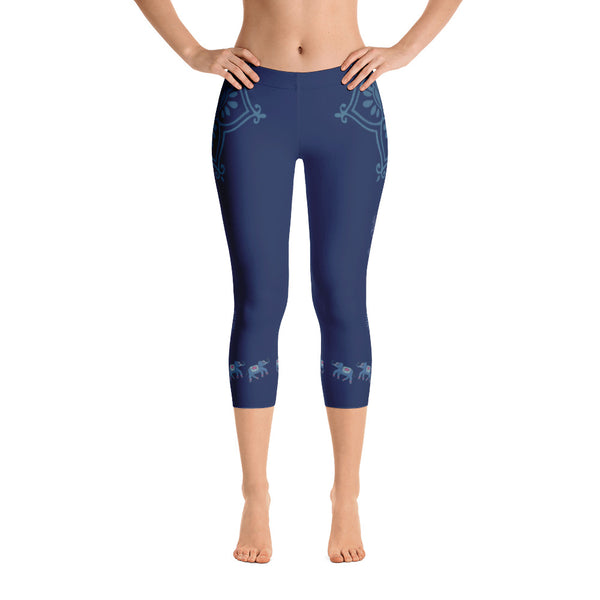 Ganesha inspired capri leggings, adorned with lotus motifs and elephants along the bottom.Great for yoga and gym workouts! Designed by Sushila Oliphant, Apparel for the Spirit.