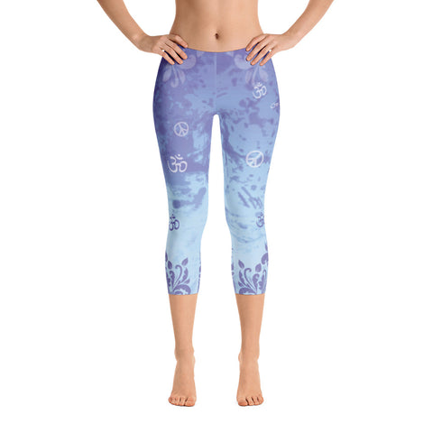 Beautifully adorned with om and peace signs, these lavender capris leggings are great for yoga.Designed by Sushila Oliphant, Apparel for the Spirit.