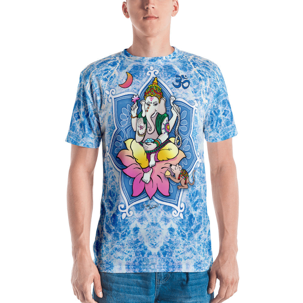 Ganesha seated in a lotus men's t-shirt. Half moon, om sign for higher consciousness. Designed by Sushila Oliphant, Apparel for the Spirit.