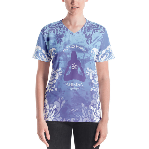 Spiritual yoga v-neck t-shirt with yogi meditating, om sign and peace sign by Sushila Oiphant.