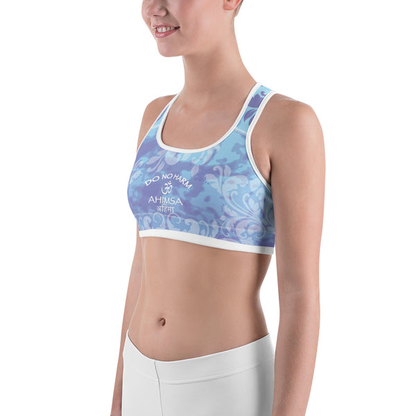 Yoga sports bra, blue, with sacred symbols for workouts by Sushila Oliphant for Apparel for the Spirit.