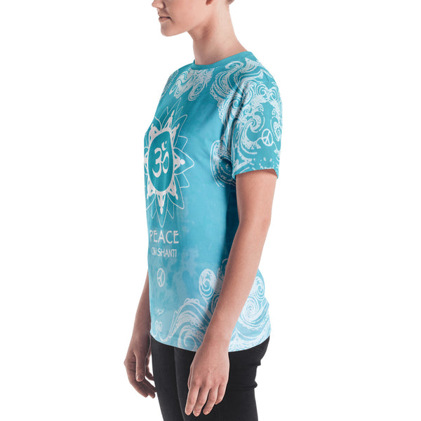 Women's Om Shanti yoga t-shirt with om signs and peace signs. Artist Sushila Oliphant for Apparel for the Spirit.