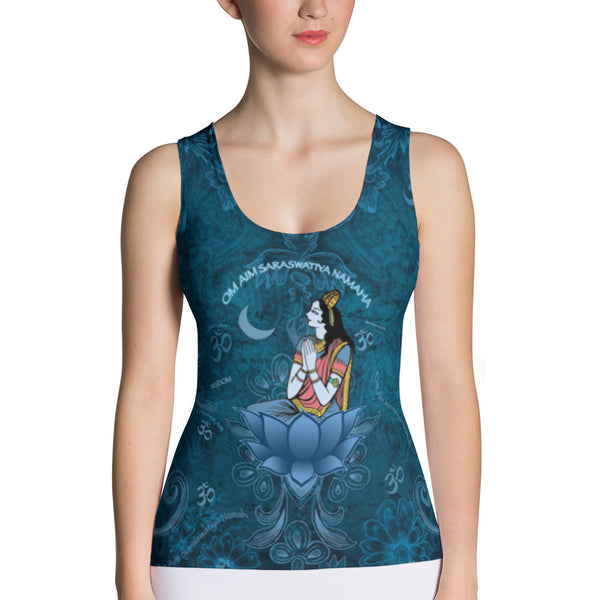 yoga tank top with Saraswati, om signs, mantra by Sushila Oliphant