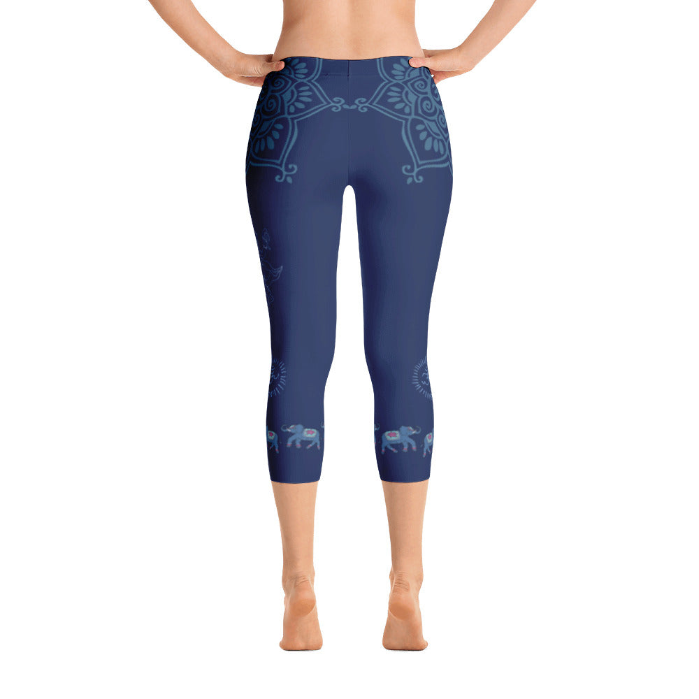 Ganesha inspired capri leggings, adorned with lotus motifs and elephants along the bottom.Great for yoga and gym workouts! Designed by Sushila Oliphant, Apparel for the Spirit.