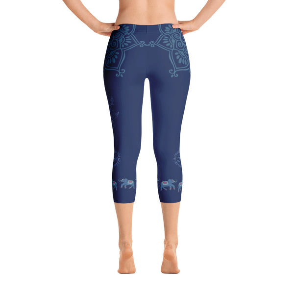 Ganesha inspired capri leggings, adorned with lotus motifs and elephants along the bottom.Great for yoga and gym workouts! Designed by Sushila Oliphant, Apparel for the Spirit.