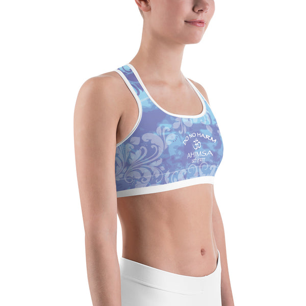 Yoga sports bra, blue, with sacred symbols for workouts by Sushila Oliphant for Apparel for the Spirit.