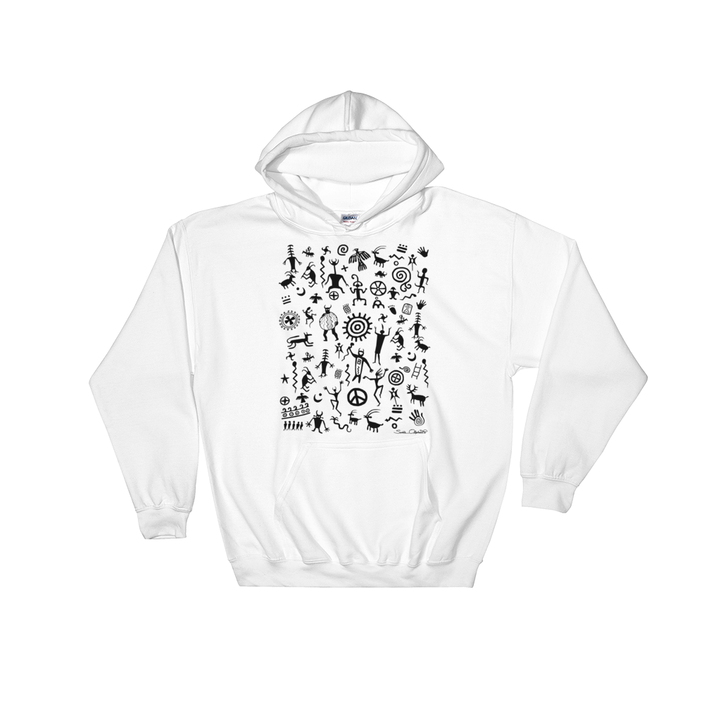 Native American Indian rock art on hoodie by Sushila Oliphant.