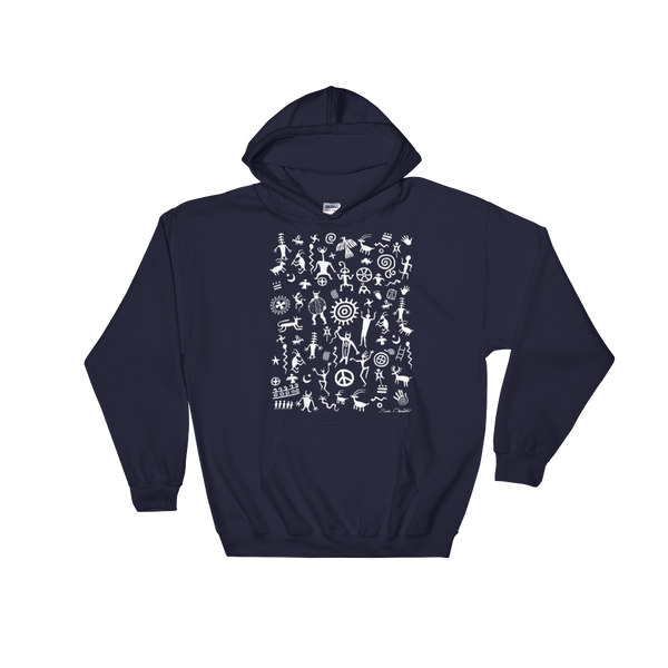 Native American Indian rock art on hoodie by Sushila Oliphant.