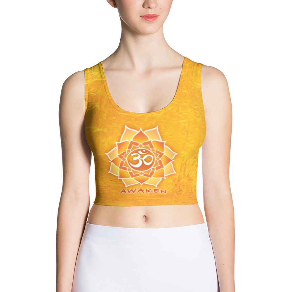 yoga crop top with lotus, om sign, peace by Sushila Oliphant