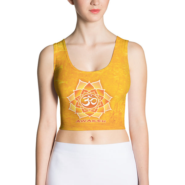 yoga crop top with lotus, om sign, peace by Sushila Oliphant