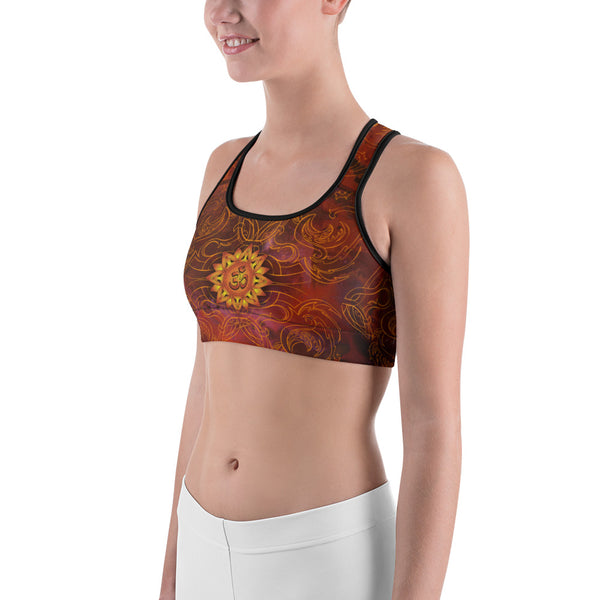 Hot yoga sports bra with om and lotus by Sushila Oliphant for Apparel for the Spirit.
