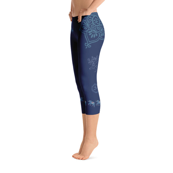 Ganesha inspired capri leggings, adorned with lotus motifs and elephants along the bottom.Great for yoga and gym workouts! Designed by Sushila Oliphant, Apparel for the Spirit.