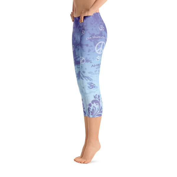 Beautifully adorned with om and peace signs, these lavender capris leggings are great for yoga.Designed by Sushila Oliphant, Apparel for the Spirit.