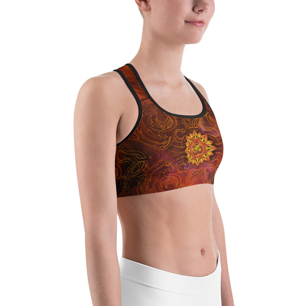Hot yoga sports bra with om and lotus by Sushila Oliphant for Apparel for the Spirit.