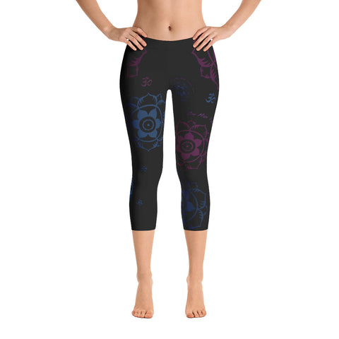 Buddha Om capris leggings for yoga. Designed by Sushila Oliphant, Apparel for the Spirit.