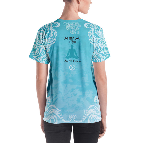 Women's Om Shanti yoga t-shirt with om signs and peace signs. Artist Sushila Oliphant for Apparel for the Spirit.