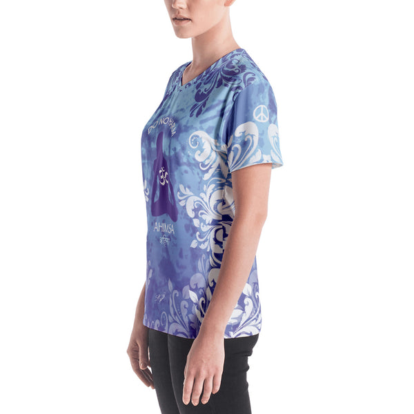 Spiritual yoga v-neck t-shirt with yogi meditating, om sign and peace sign by Sushila Oiphant.
