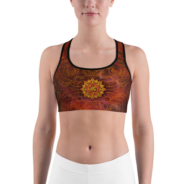 Hot yoga sports bra with om and lotus by Sushila Oliphant for Apparel for the Spirit.