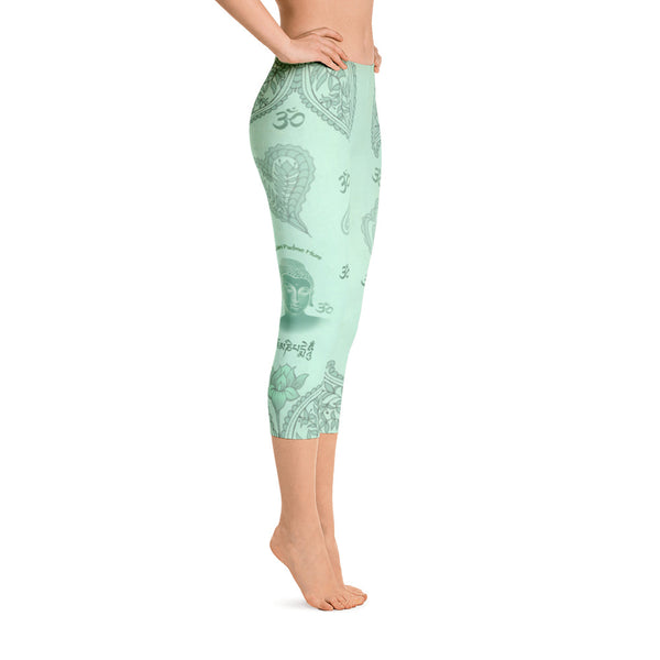 Jade green Buddha capri leggings with om signs, mantras and stylised lotus petals. Great for yoga and gym workouts! Designed by Sushila Oliphant, Apparel for the Spirit.