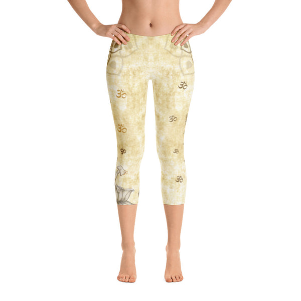 Brahman inspired capri leggings, adorned with lotuses, om signs with Brahman seated in a lotus. Great for yoga and gym workouts! Designed by Sushila Oliphant, Apparel for the Spirit.