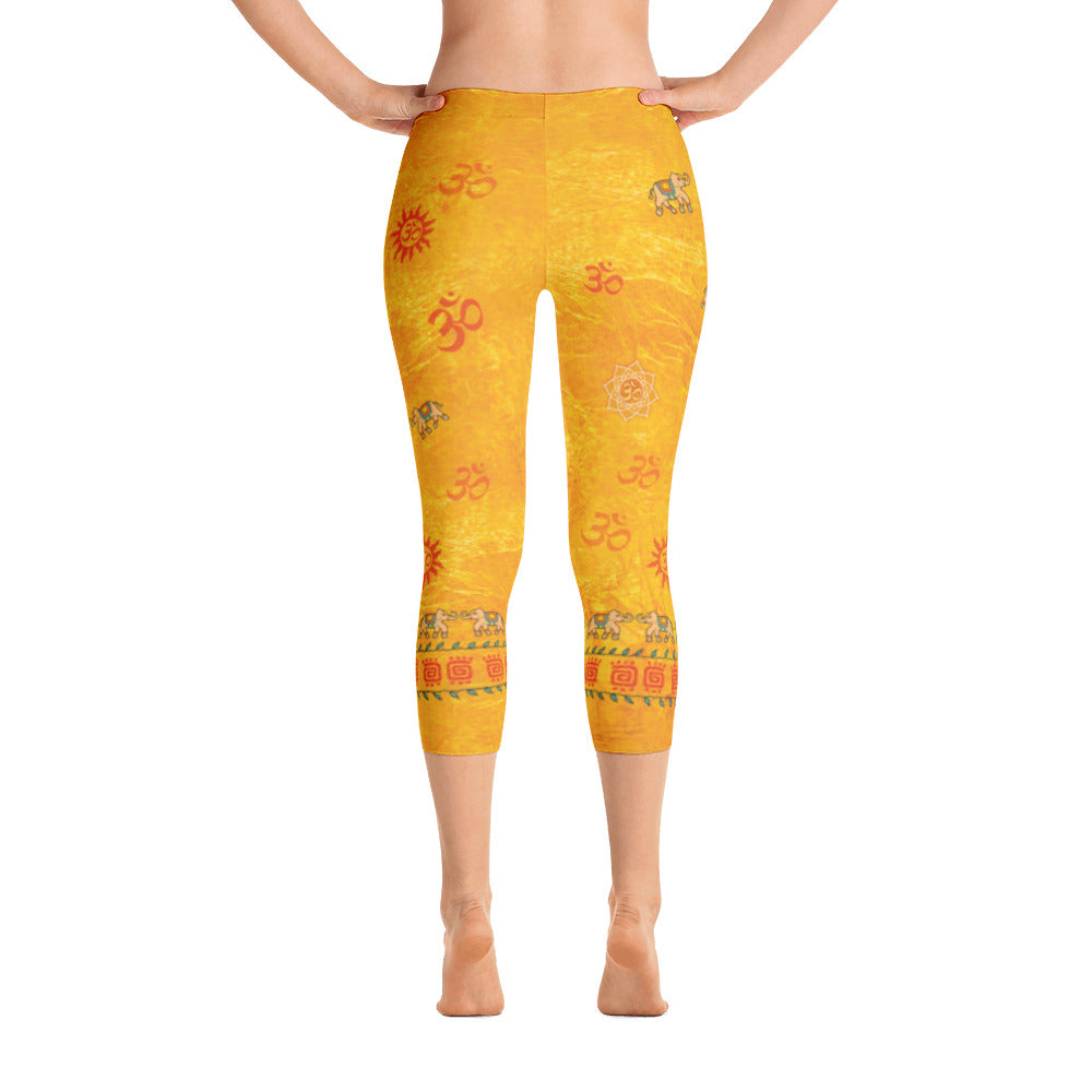 Awaken with these golden capris leggings for yoga.Designed by Sushila Oliphant, Apparel for the Spirit.