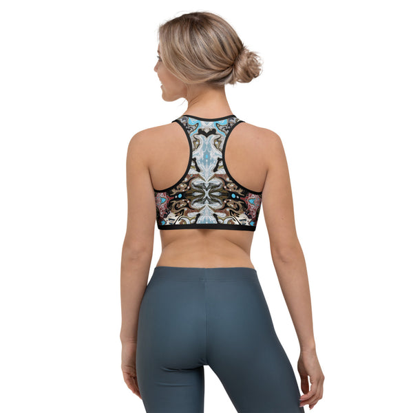 A cool yoga sports bra with a Celtic vibe designer Sushila Oliphant.