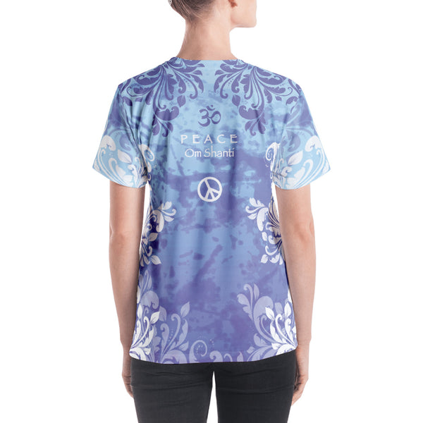 Spiritual yoga v-neck t-shirt with yogi meditating, om sign and peace sign by Sushila Oiphant.